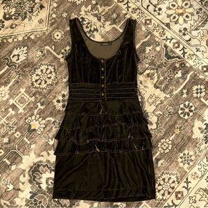 Velvet Ruffle Mini Dress Y2K Goth Babydoll Button-Front Bodycon